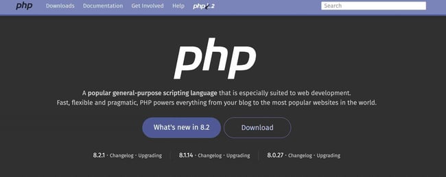 back end tools: PHP is one of the oldest programming languages for building Web applications. image shows PHP homepage. 