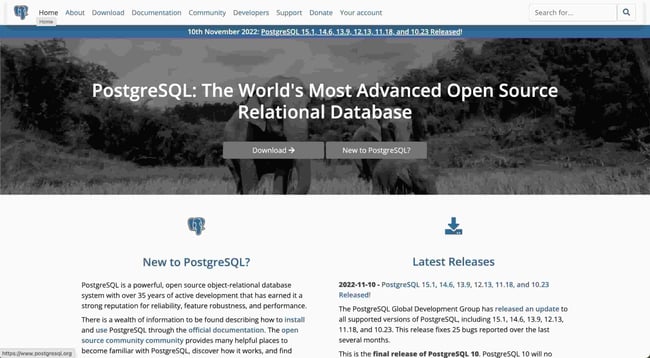 backend tools: PostgreSQL is an open-source database management system offers back-end developers a liberal license. image shows its homepage. 