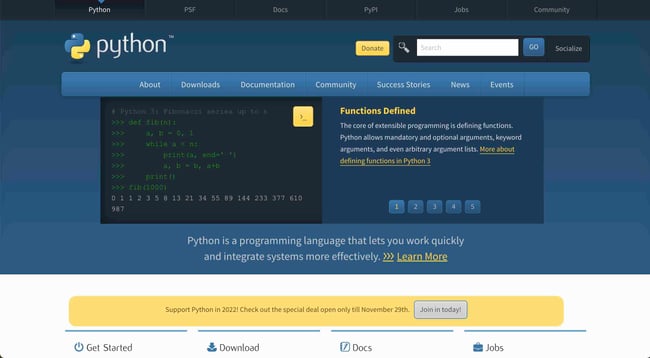 back end tools: Python is a popular language for back-end Web developers building complex applications. image shows python home page 