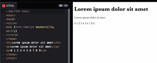 HTML and CSS fonts code example: Baskerville