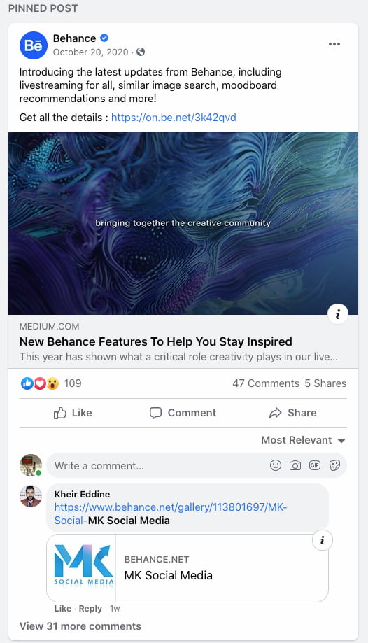 Behance pinned Facebook post announcing its new features