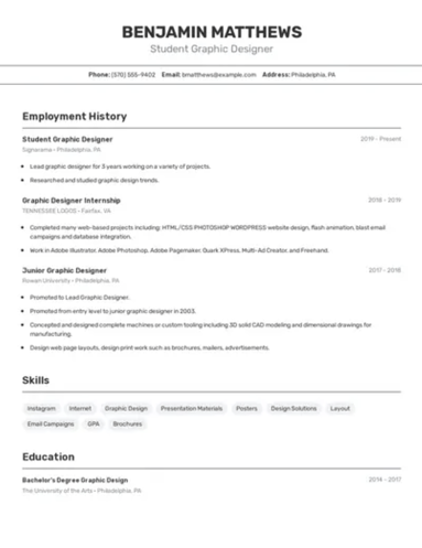 Benjamin Matthews's resume; graphic design resume examples