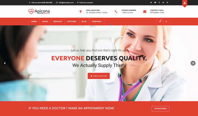 best wordpress health theme Apicona featuring a Find a doctor CTA in hero section