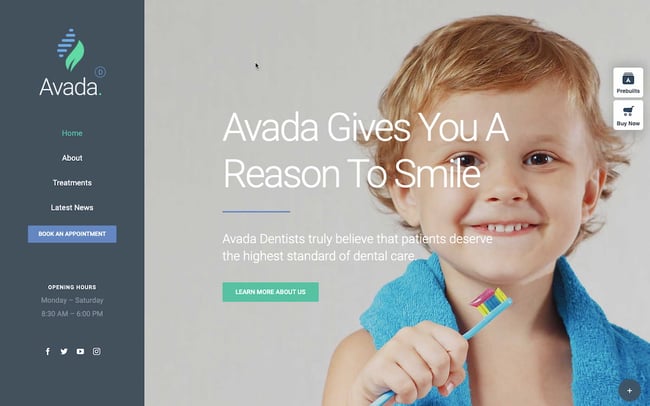 أفضل سمة صحية في ووردبريس: Avada Dentist تتميز بقائمة تنقل عمودية