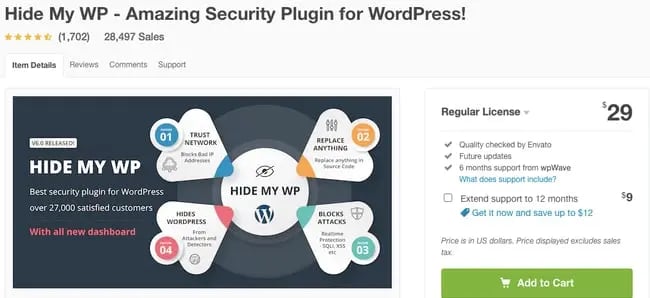 listing page of anti-spam Hide My WP plugin for WordPress
