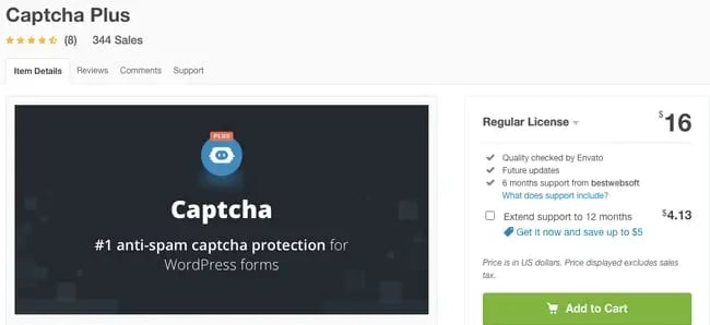 listing page of anti-spam Captcha Plus plugin for WordPress