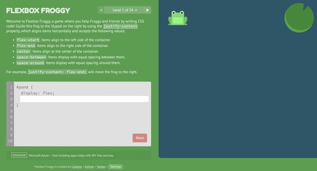 One of the best coding games for beginners: Flexbox Froggy
