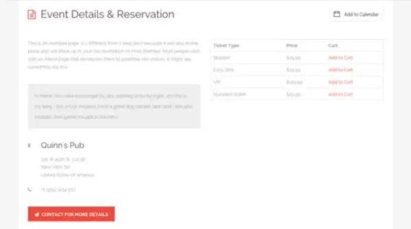 sample event detail and reservation page for eventbuilder directory theme
