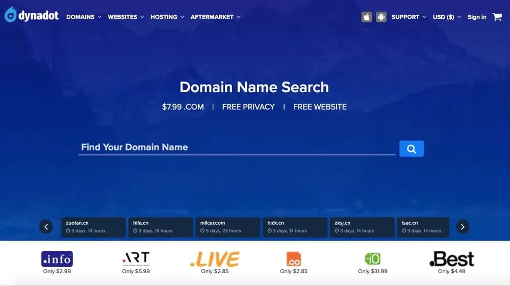 search page for the domain registrar Dynadot