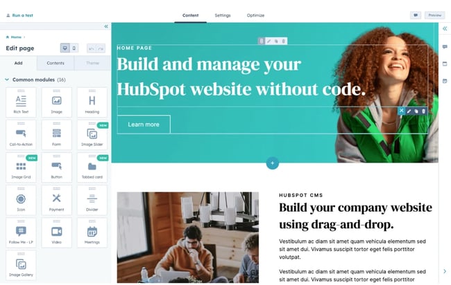 HubSpot page builder interface