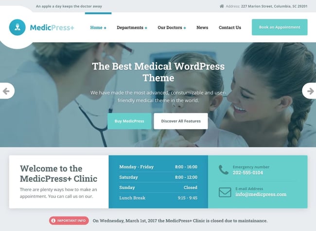 best medical wordpress theme: MedicPress homepage. 