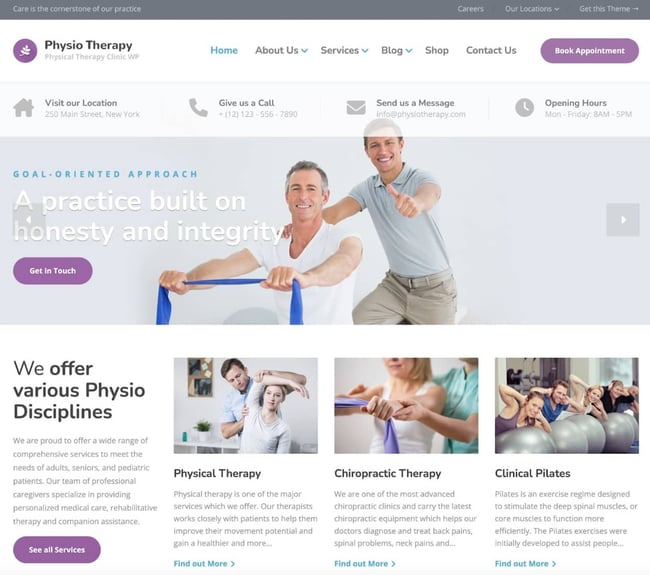 Best medical WordPress theme: Physio homepage. 