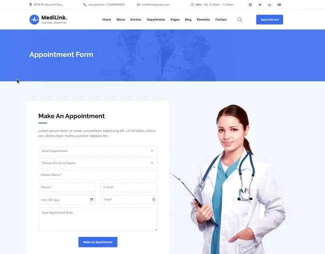 best wordpress health theme: Medilink appointment form page