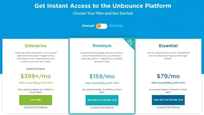 Pricing page example: Unbounce