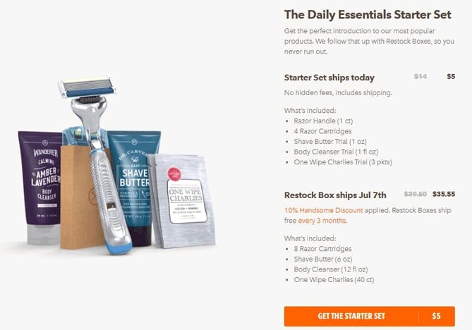 Pricing page example: Dollar Shave Club