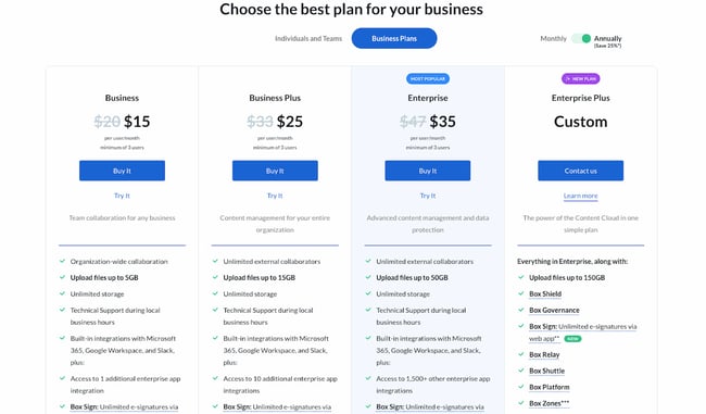 pricing page examples: box