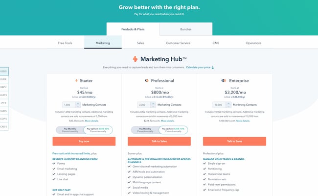 pricing page examples: hubspot