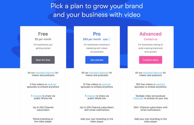 pricing page examples: wistia