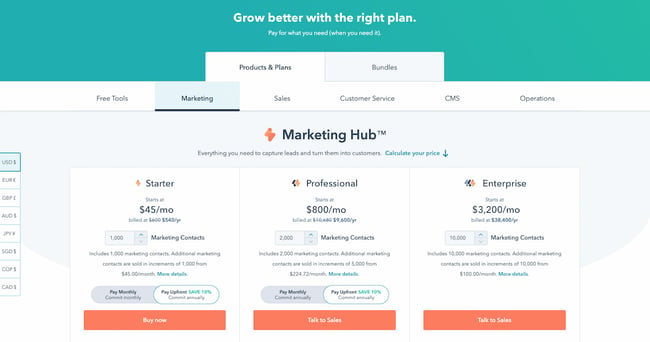best pricing pages: hubspot marketing hub