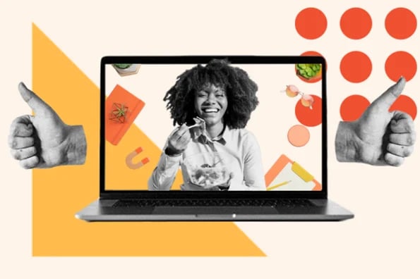 A woman discusses food as she stars in a product video being played on a laptop.