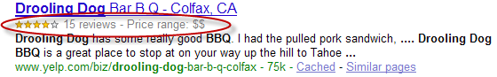 an example of a google rich snippet showing a five-star review for a restaurant