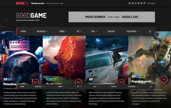 Goodgame theme demo shows gaming review site for WordPress