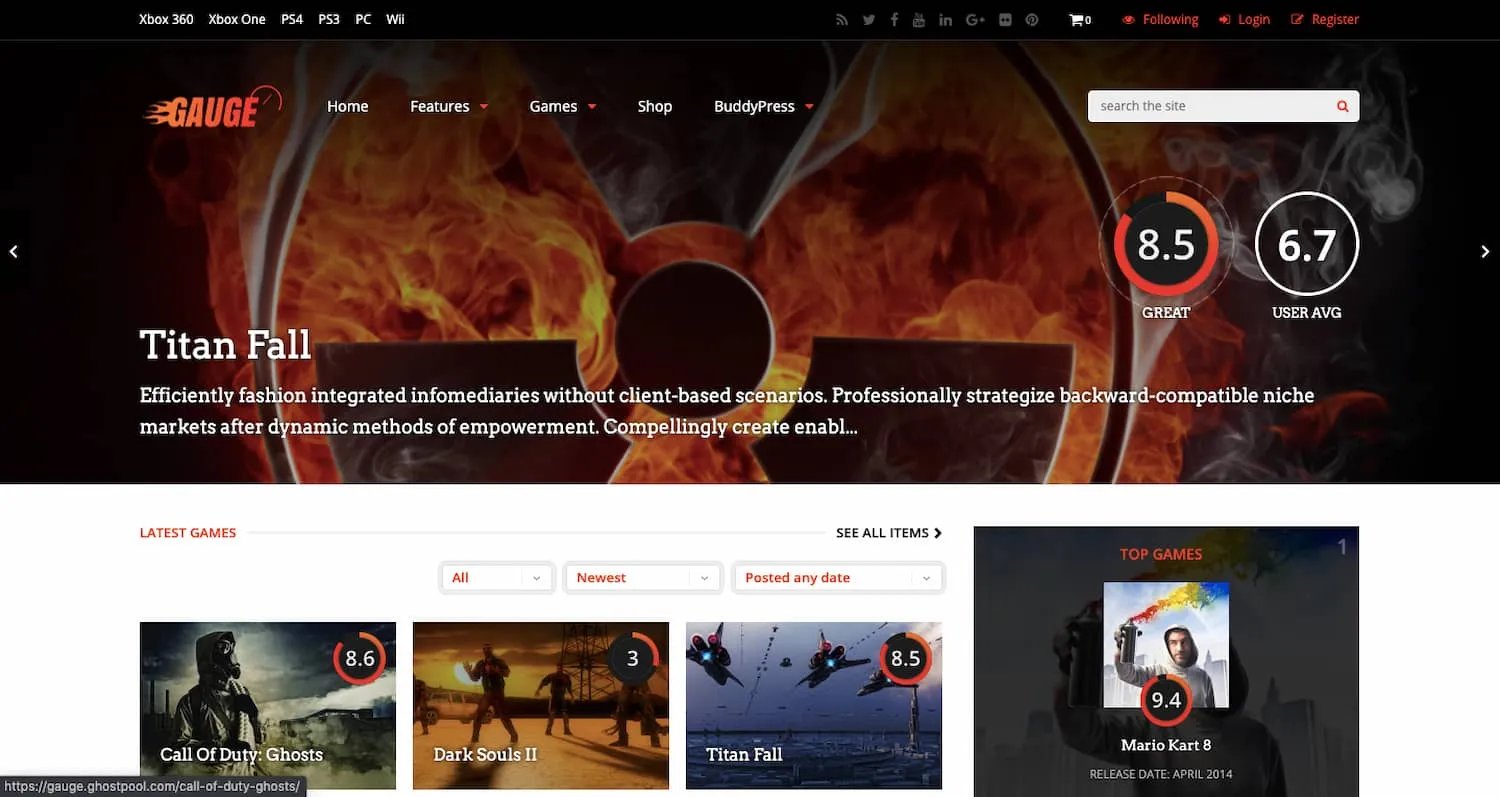 Gauge theme demo shows gaming review site for WordPress