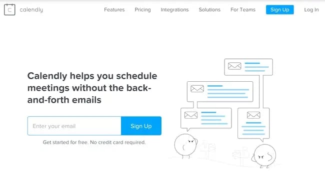 Calendly scheduling app homepage featuring line art with two animated figures communicating via email