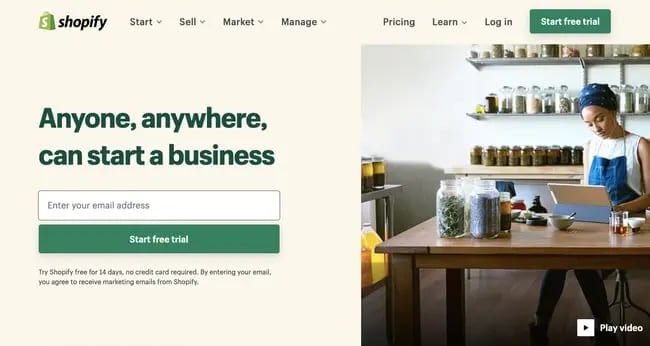 landing page of website builder Shopify