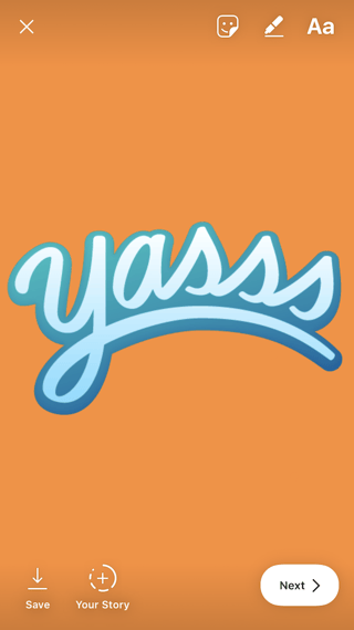 Big sticker that says "Yasss" to add to your Instagram Story