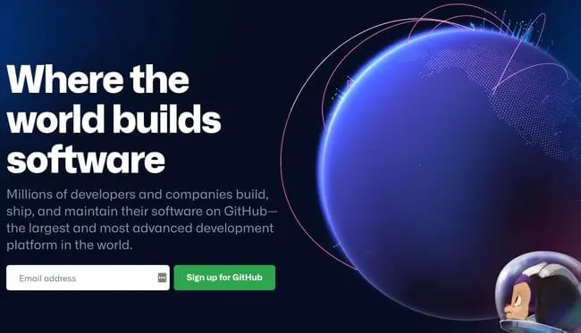 the homepage for the github website, which says "where the world builds software"