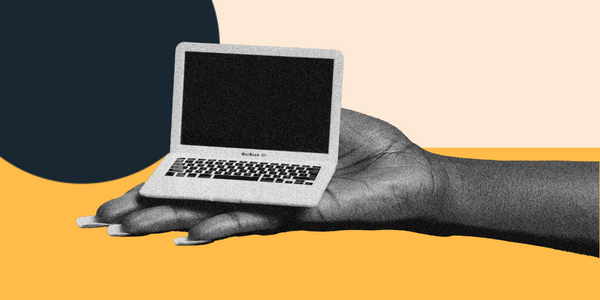 black websites: hand holding a laptop computer against background of neutral color with yellow and blue pops 