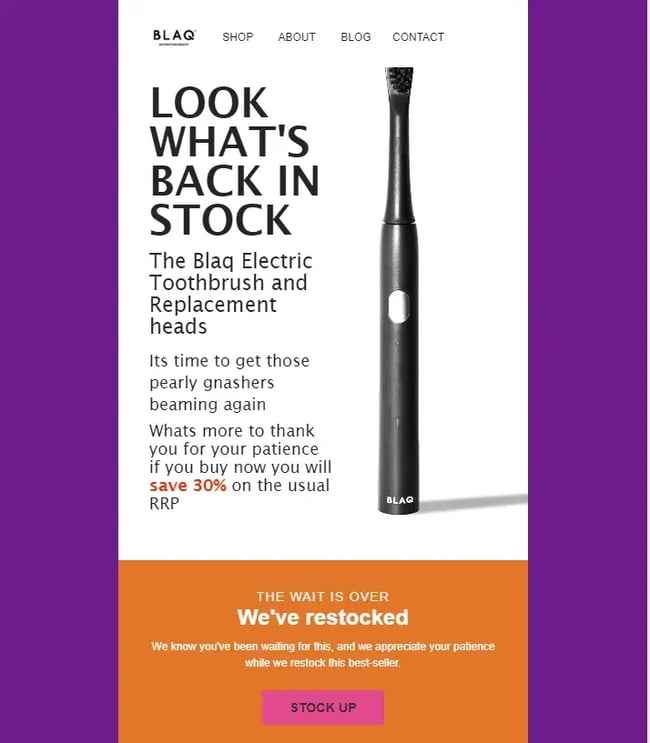 Effective back-in-stock email from BLAQ.