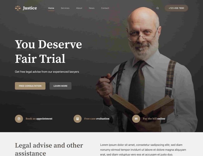 best wordpress themes for law firms: blocksy justice sample site demo 