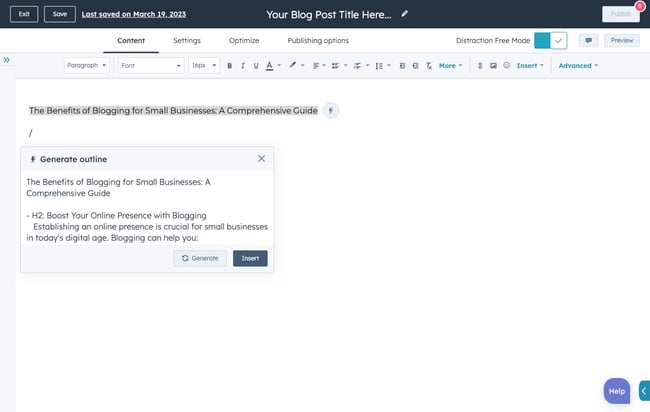 AI writing generator: hubspot content assistant outline generator example