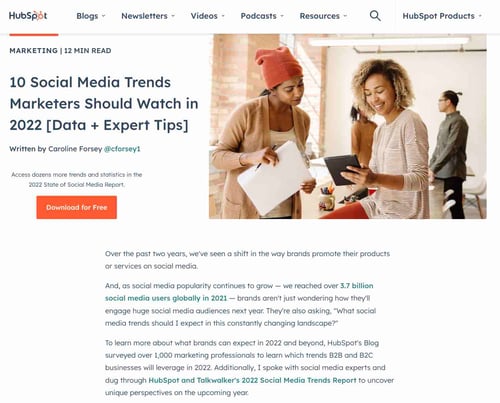 Blog ideas, HubSpot posts on top social media trends