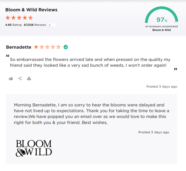 bloom and wild response to negative reviews