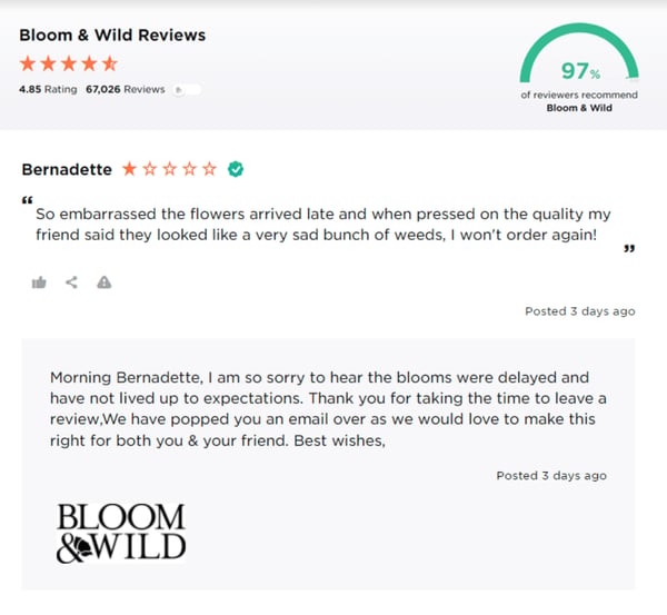 bloom and wild response to negative reviews