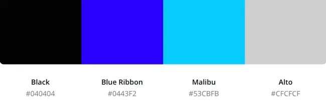 blue website color scheme featuring Black, Blue Ribbon, Malibu, and Alto