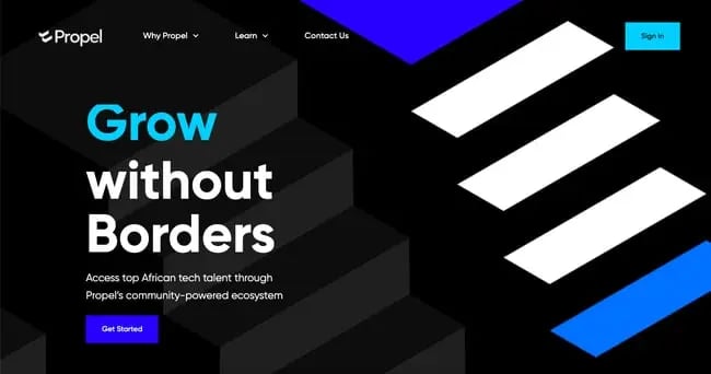Propel's blue website design features neon blues against black and white backgrounds
