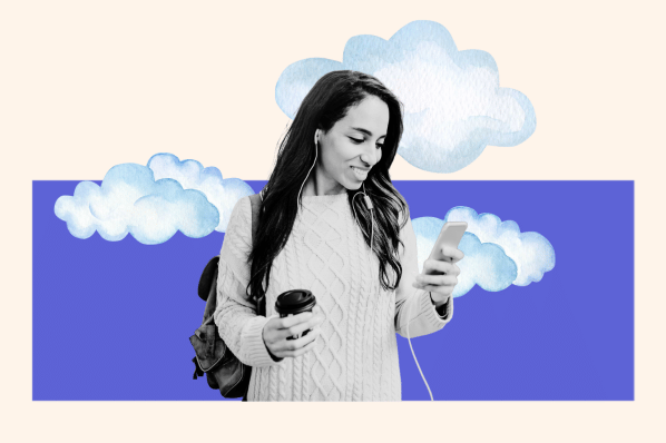 Woman smiling at smartphone in front of clouds that represent Bluesky