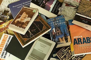 book club: pile of scattered books