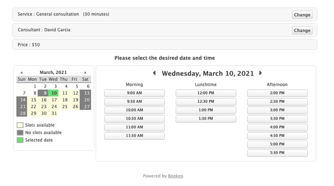 Scheduling tool example: Bookeo