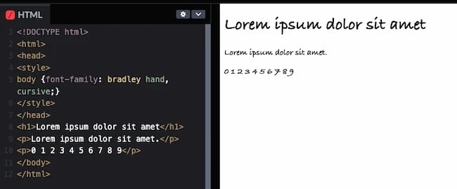 HTML and CSS fonts code example: Bradley Hand - best html fonts 