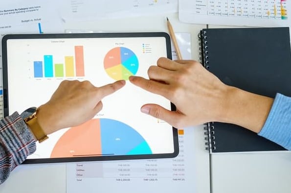 Two hands hover over a tablet showing charts and graphs representing brand health.