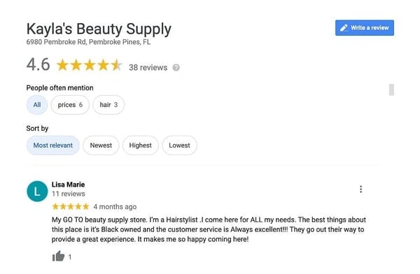 A happy customer leaves a review on Google, organically becoming a brand champion for this small business.