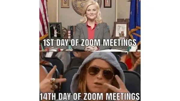 Brand perception: Zoom meme, first image: woman dressed professionally with the caption “first day of zoom meetings; second image: woman wearing hoody and sunglasses with the caption “14th day of zoom meetings.