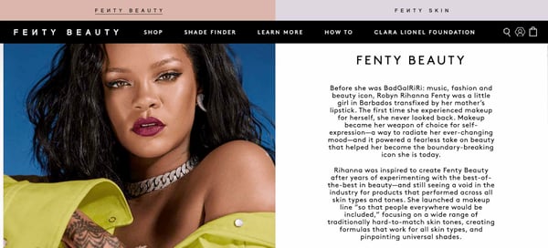 La página Acerca de nosotros de Fenty Beauty, que muestra una voz de marca divertida e ingeniosa.