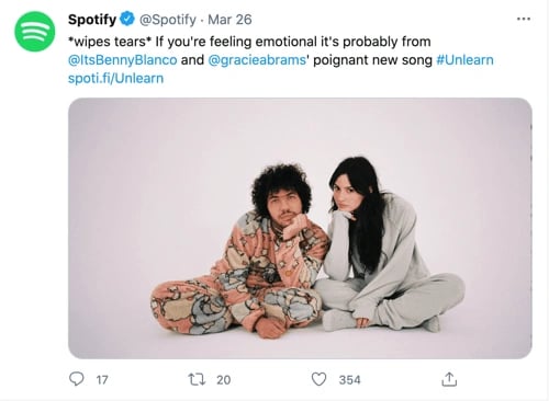 Spotify's tweet, showcasing the witty brand voice.