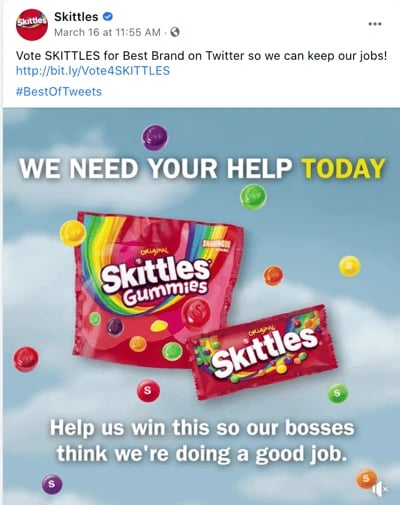 Skittle's funny brand voice example, where they've tweeted "vote Skittles so we can keep our jobs".